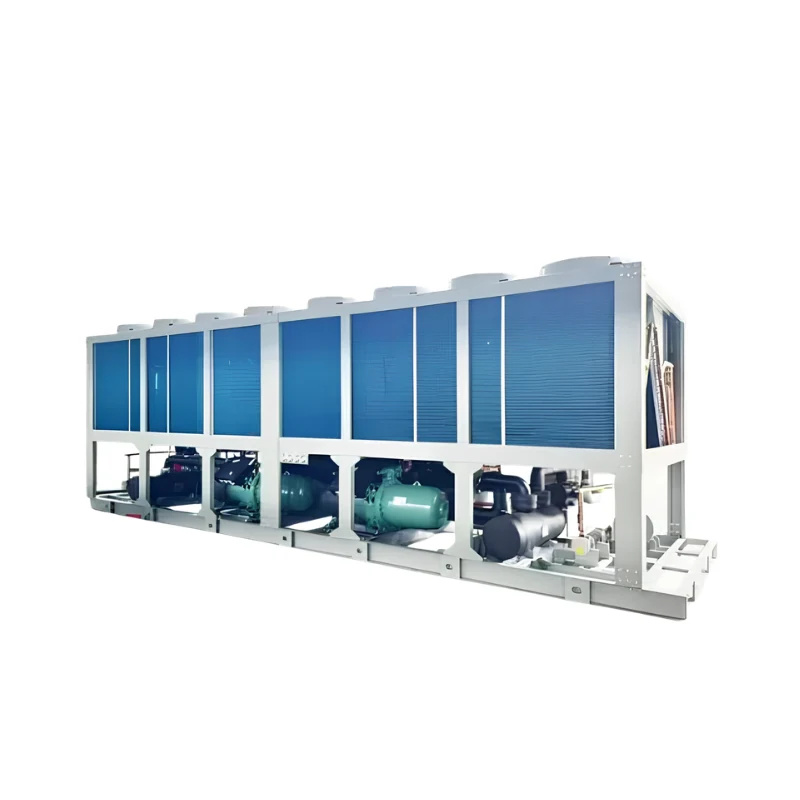 Air-cooled screw chiller — long white steel frame with a row of blue-finned condenser coils and top-mounted fans, screw compressors and refrigerant piping exposed in the lower bay.