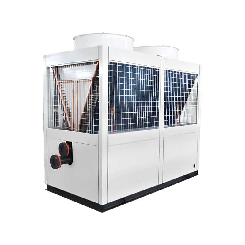 Modular air-Modular air-cooled scroll chiller — white cabinet on a black base frame with mesh-guarded dark blue condenser coils on two faces, exposed copper refrigerant pipework, orange-flanged water connections on the side and twin top-mounted axial fans.scroll chiller — grey cabinet with mesh-guarded blue condenser coils, visible copper refrigerant pipework and two top-mounted axial fans.