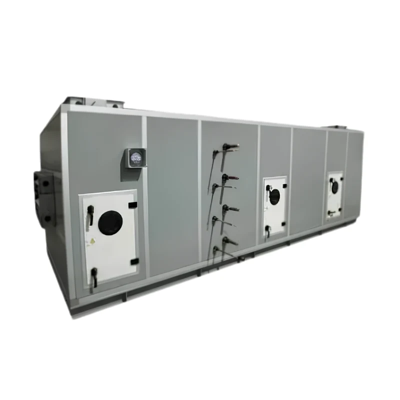 Chilled water air handling unit — long grey sectional casing with hinged access doors, round inspection windows, a control box and a bank of valve actuators along the side.