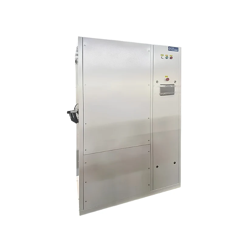 Chilled water precision air conditioning unit — tall stainless steel cabinet for data centre and clean room cooling, with a control panel, status indicator lights and a display.