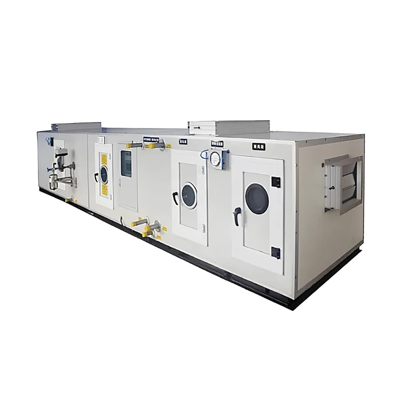 Combined modular air handling unit — white multi-section casing with filter, coil and fan modules, sight-glass access doors, gauges, valve connections and a side air intake louvre.