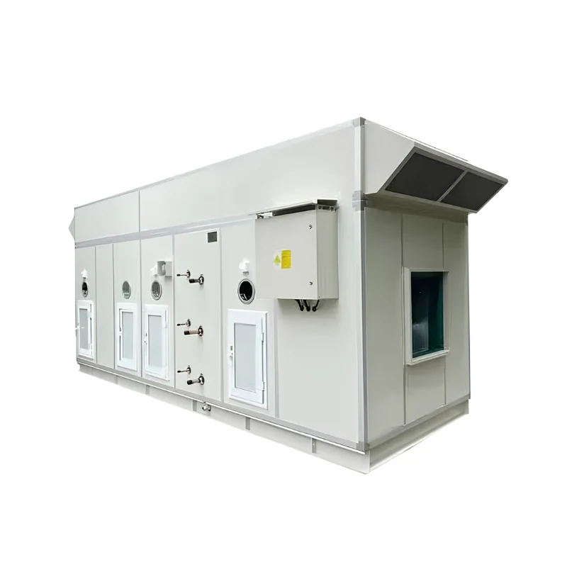 DX coil air handling unit — large white sectional casing with access doors, inspection ports, a mounted control box and a louvred fresh air intake hood on the roof.
