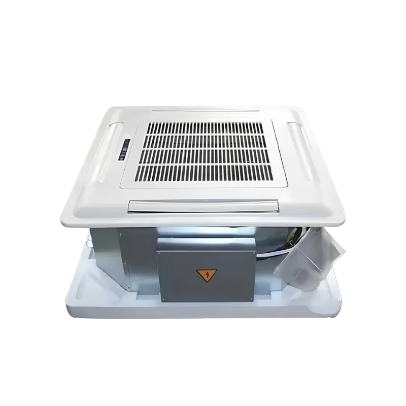 Ceiling cassette fan coil unit — square white decorative face panel with a central return air grille, slim supply slots and a control display, shown above the exposed chassis and electrical box.