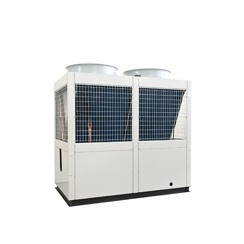 Modular air-cooled chiller — white cabinet with mesh-protected dark condenser coils on two faces and twin top-mounted axial fans on a black base frame.
