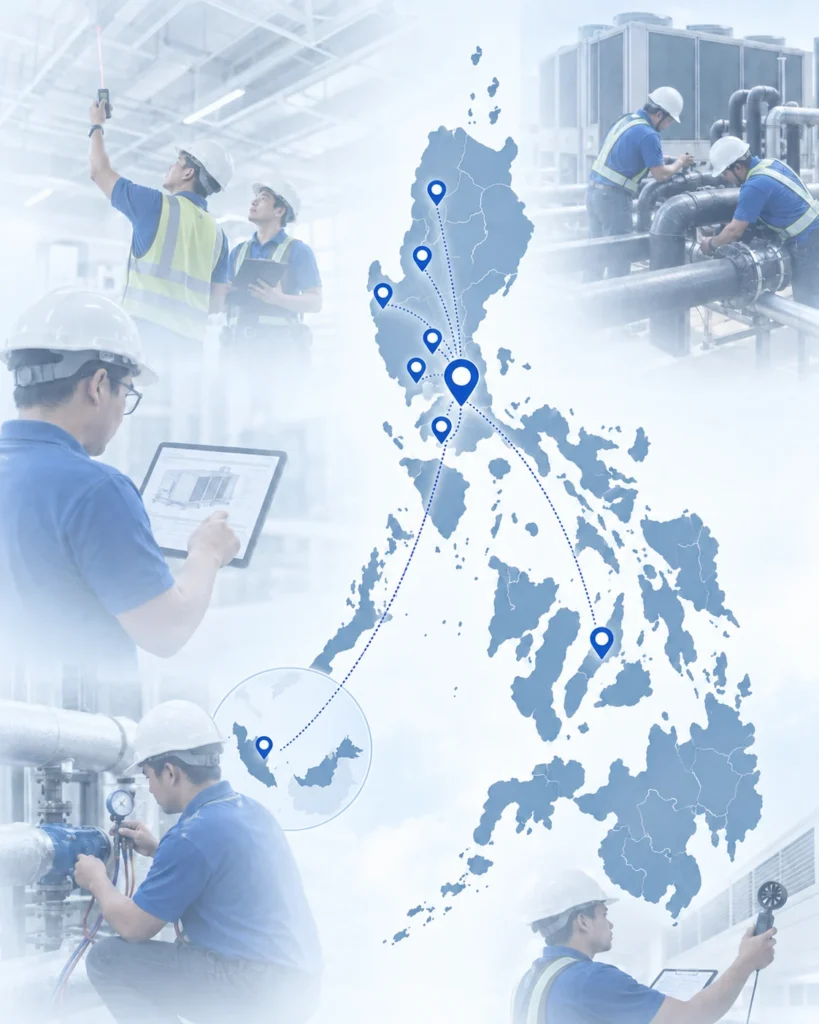 Blue map of the Philippines with location pins across Luzon and the Visayas joined by dotted service routes, plus an inset circle at the lower left showing part of Malaysia and Borneo with its own pin linked back by a dotted line, framed by faded photos of HVAC technicians in hard hats and safety vests taking airflow readings, reviewing drawings on a tablet, gauging a chilled water valve and servicing pipework beside a rooftop condenser bank.