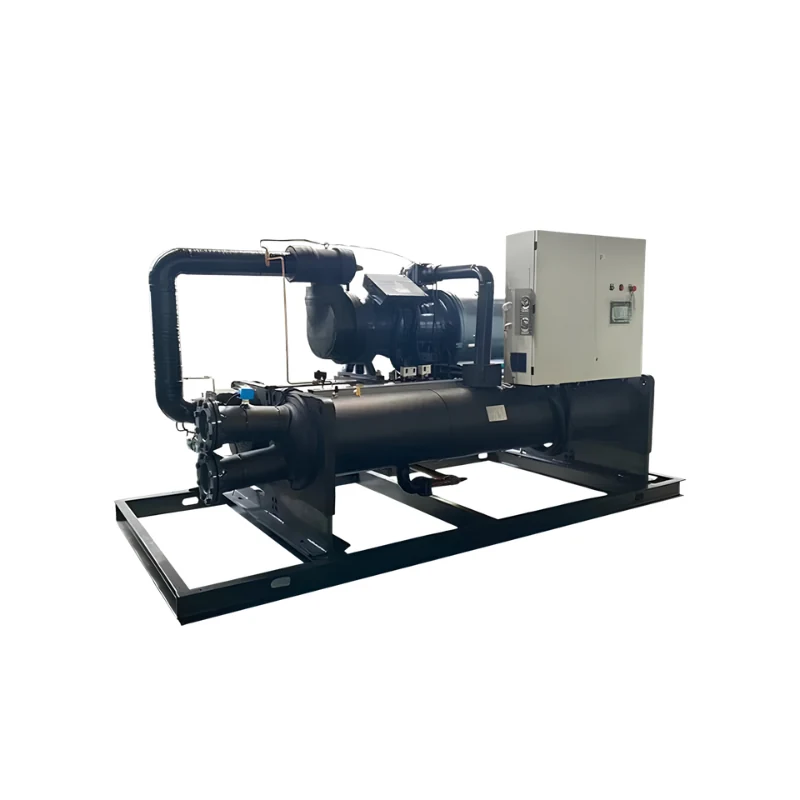 Water-cooled screw chiller — black shell-and-tube evaporator and screw compressor with insulated suction piping on a steel skid, with a beige control panel at one end.
