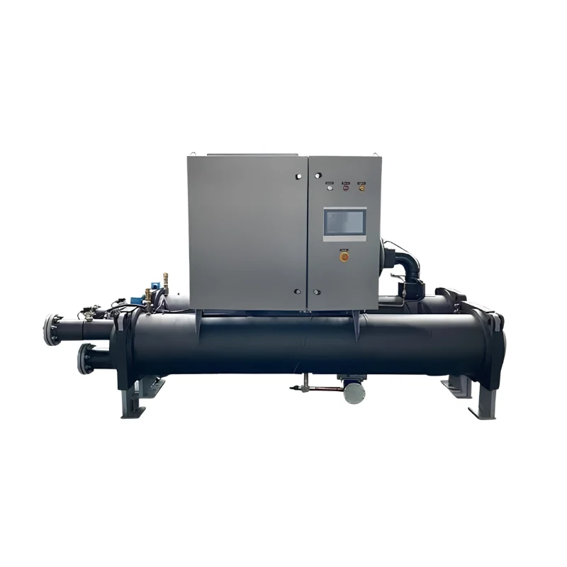 Water-cooled scroll chiller — twin black shell-and-tube heat exchangers on steel support feet with flanged water connections at one end, topped by a grey control cabinet with a touchscreen HMI, indicator lights and an emergency stop